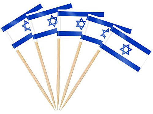 AhfuLife 200 Stück Israel Zahnstocher Flaggen, Israelische Deko Fahne Klein Mini Zahnstocher für 14. Mai Israels Unabhängigkeitstag Israel Deko Cupcake Topper Toothpick Cocktail Party Pub Deko