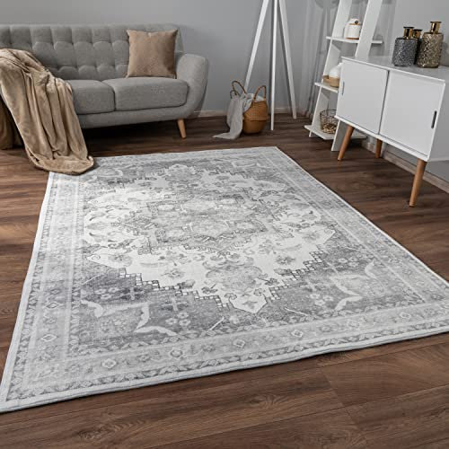 Paco Home Teppich Wohnzimmer Schlafzimmer Kurzflor rutschfest Weich Vintage Orientalisch Mandala Modern Bordüre Ornament, Grösse:80x150 cm, Farbe:Grau 3