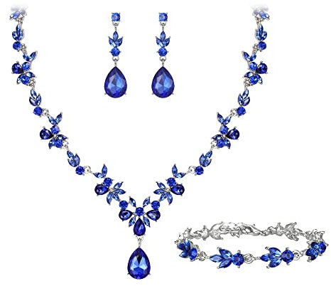 Clearine Hochzeit Schmuckset für Damen Braut Y Halskette Tennis Armband und Ohrringe baumeln Set Kristall Teardrop Marquise Cluster Schmuck für Brautjungfer Blau Silber Ton