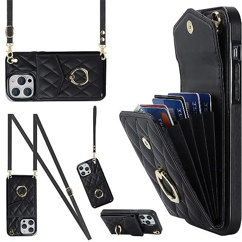 Ykerey Hülle für iPhone 14 Pro hülle mit Band Kette Schutzhülle mit Kartenfach PU Leder Metall Ring Halter RFID Standfunktion Brieftasche Cover für iPhone 14 Pro, Schwarz