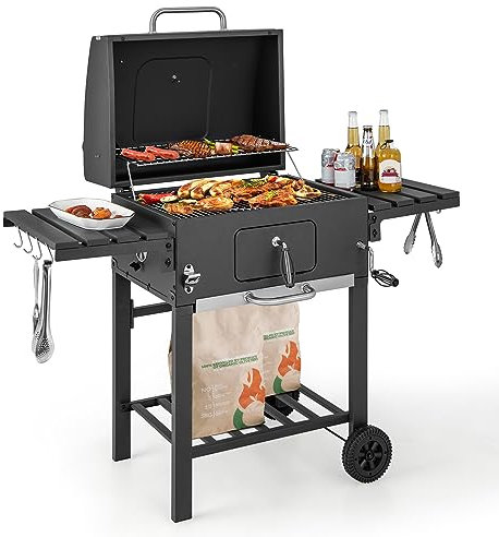 COSTWAY Barbacoa Carbon XXL, Barbacoa Portatil 128 x 54x 117 cm, Tapa, Termómetro, 2 Mesas Laterales Plegables, 8 Ganchos, 2 Ruedas y Abridor de Botellas