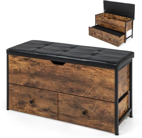 RELAX4LIFE Sitzbank mit Stauraum, Schuhbank mit Gepolsterte Sitzfläche, Sitztruhe mit 2 Schubladen auf Rollen, Flur Schrank mit Verstellbaren Fußstützen, Truhe für Flur Schlafzimmer Wohnzimmer