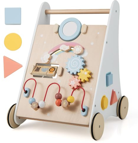 COSTWAY Chariot de Marche Bébé en Bois avec 7 Activités Interactives | Boîte de Rangement Arrière, 4 Roues avec Caoutchouc, 3 Blocs, Jouet Sensoriel, Trotteur Montessori Bébé 12+ Mois