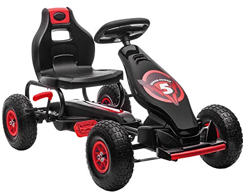HOMCOM Gokart, Kinderfahrzeug mit verstellbarem Sitz, Tretfahrzeug mit Gummireifen, Pedal und Handbremse, Kettcar für 5-12 Jahre Kinder, Outdoor, Rot