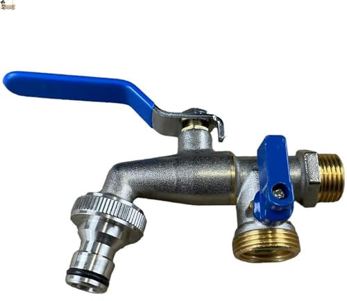 BricoLoco.com Grifo exterior doble salida con adaptador manguera. De pared. Jardín o terraza. Dos salidas o tomas para conectar manguera, lavadora, programador riego... 1/2 x 3/4” x 3/4” (1)