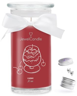 JuwelKerze Cherry Kiss Ohrringe Silber - Schmuckkerze 80 Std - große Duftkerze im Glas mit fruchtigem Duft - Kerze mit Schmuck - Geschenke für Frauen