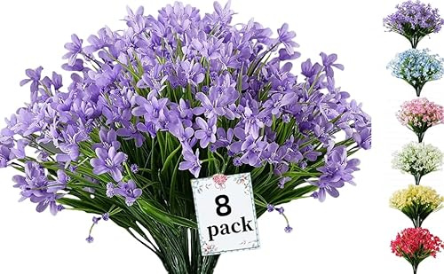8 Bundles Artificial Daffodils, UV Resistant,Indoor Outdoor Decor, Purple | UV Resistant Fake Daffodils, No Fade Faux Plastic Plants for Wedding Bouquet Home Garden Kitchen Office Table Vase,Purple