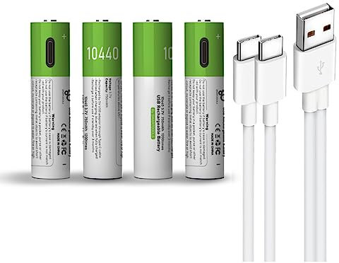 USB 10440 Lithium Ion Rechargeable Batteries, 3.7 V 750 mWh Rechargeable Batteries 10440 Battery, Quick Charge, 1200 Cycles with Type C Charging Cable, Overcharge Protection, Pack of 4