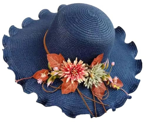 Sombrero de paja con flores para mujer, de ala ancha, ondulado, sombrero de paja Panamá, sombrero de paja para verano, al aire libre, plegable, sombrero de playa, 5, Talla única