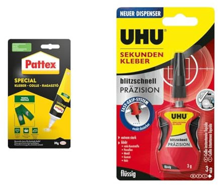 Pattex Spezialkleber Textil, wasch- und bügelbeständiger Textilkleber & UHU Sekundenkleber blitzschnell PRÄZISION
