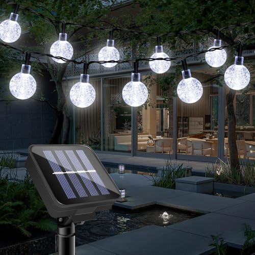 Outdoor Waterproof Solar Garden Crystal Ball Lights, 7M/23FT 50LED with 8 Modes Night Fairy String Lights Decoration, Suitable for Garden, Terrace, Gazebo, Camping, Party, Christmas (Cool White)