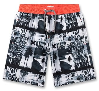 Sanetta Jungen-Badehose Schwarz| Bequeme und schnell trocknende Badehose aus recyceltem Polyester für Jungen.Badeshorts mit Palmen-Allover |Bademode für Kinder