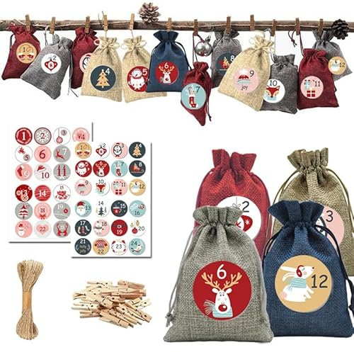 Volumoon Calendario dell'Avvento da Riempire di Natale, 24 Sacchetti di Iuta Calendario Avvento fai da te, con 1-24 Adesivi Numerici, 24 Clip e Corda di Canapa 10m, Sacchetto Regalo di Natale Bambini