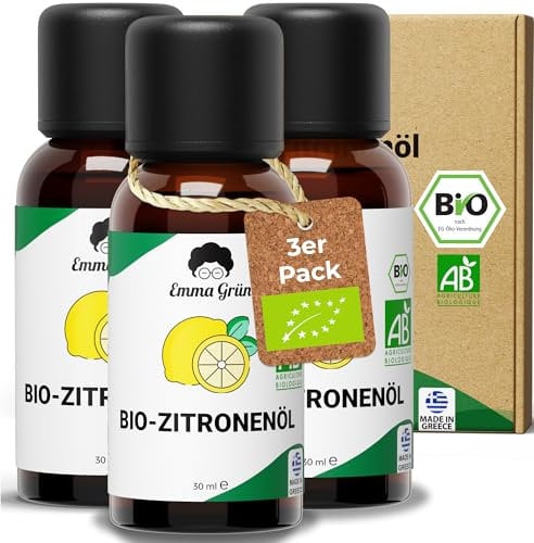 Emma Grün® Bio Zitronenöl Ätherisches Öl [100% Naturrein] - Zitronen Öl 3x 30ml - Ätherisches Öl Zitrone - Ätherische Öle Bio Naturrein - LEBENSMITTELQUALITÄT - Essential Oil Made in Greece