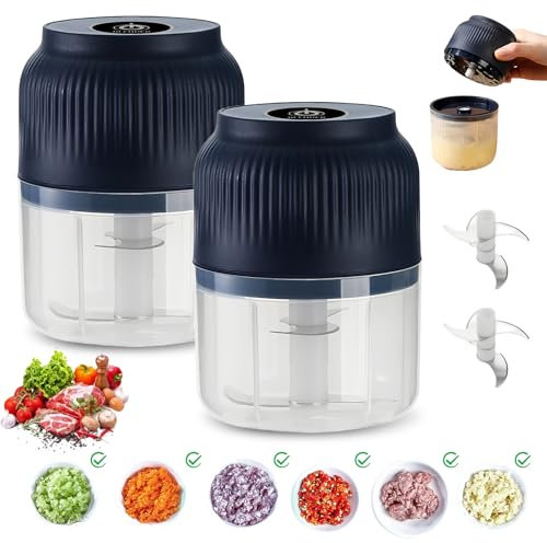 WIYETY Lot de 2 mini hachoirs électriques avec batterie de 300 ml - Hachoir de cuisine électrique avec port USB - Mini hachoir à ail - Pour oignons, légumes, fruits, noix (bleu)