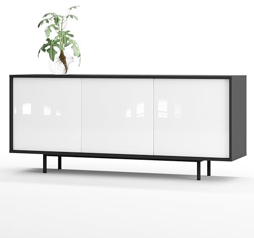 SIMPLYFURN Sideboard Akia Kommode für Wohnzimmer oder Flur in Anthrazit mit Weiß Hochglanz Türen, 154x40x66 cm, Metallfüße, Push-to-Open, modernes Lowboard mit verstellbaren Einlegeböden