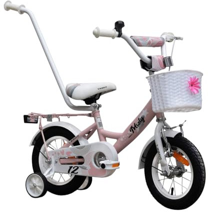 MIRAVO Kinderfahrrad Fahrrad Kinder Ab 2 Bis 4 Jahre Mit Stützrädern Schubstange V-Brake Bremsen Rückstrahl Aufkleber 12 Zoll Radgröße Korb Für Mädchen Misty Pink