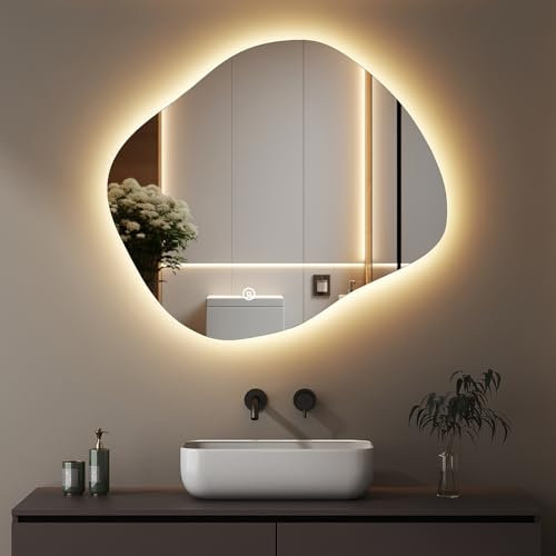 Boromal Asymmetrischer Spiegel mit Beleuchtung, Badspiegel mit Beleuchtung 74x64cm Badezimmerspiegel mit Licht, Touch-Schalter, Dimmbar, 3 Lichtfarbe Einstellbare