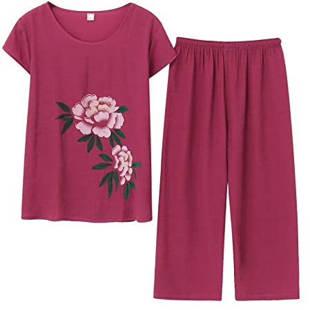 Completo Donna Comodi Larghi Anziani Tute Stampa Saldi Curvy Pantalone E Top Maniche Corte Due Pezzi Completa Larghi Taglie Forti Eleganti Completa Leggera Cotone Completo 2 Pezzi Set Casual Offerta