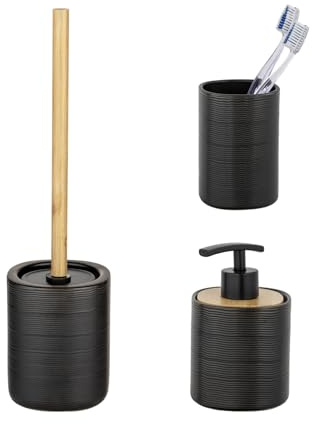 Schöner Wohnen Kollektion Bad-Accessoire Set Mod. Zena 3-teilig Keramik Bambus Schwarz mit Seifenspender Zahnputzbecher und WC-Garnitur Maße 38,5 cm x 10 cm