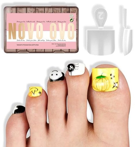 NOVO OVO Extra Short XS XXS Toe Nail Tips Sharp Square Press on Full cover, Soft Gel False Toenail Extension Kit, Pre-etched Clear Matte Fake Nails for Salon DIY Acrylic Pedicure x 16 Sizes 224 Pcs