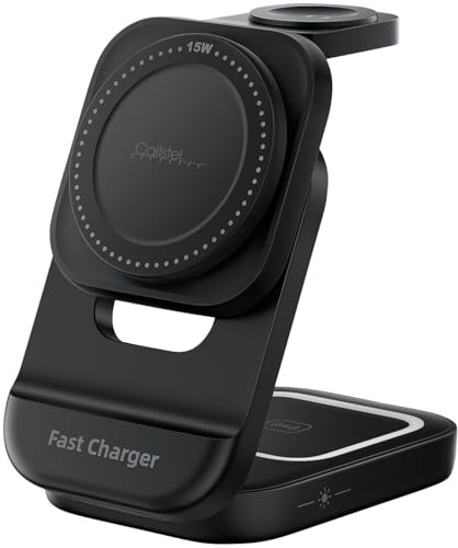 Callstel Induktions Ladestation: Faltbare 3in1-Ladestation für iPhone kompatibel mit MagSafe, Apple Watch & AirPods (Apple Ladegerät, MagSafe Ladegerät, Pad)
