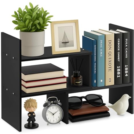 Bookcase Wood Desktop Book Shelf Expandable Desk Organiser Office Storage Bookcase for Home or Office Black (Black)