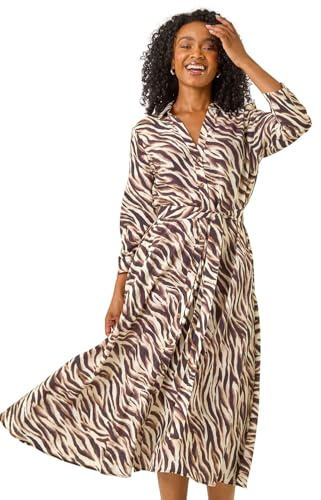 Roman Originals Shirt Dress for Women UK- Ladies Long Sleeve Belted Collared Midi Maxi Winter Autumn Smart Casual Button Through Evening Office A Line Swing Skater - Petite Chocolate - Size 10