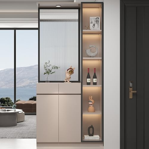 Wall Room Divider with Storage cabinet and Display Racks，Translucent Glass Screens Modern Home and Office Privacy Partition for Space Decoration(Milk coffee-D)