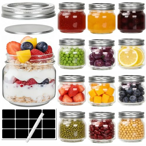 1ZIZIFA8 12 Pack Glass Mason Jars, 240ml Canning Jars with Lids - 8 oz Airtight Glass Jars for Pickling, Jam, Jelly, Chutney, Fermenting, Honey & Spice Storage - Reusable & Leak Proof