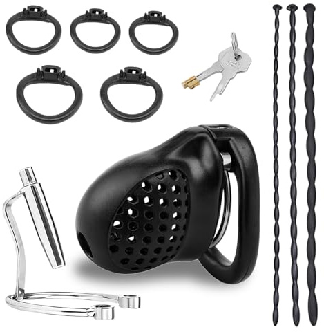 Male Chastity Cock Cage Sex Toy for Men, Zhelorinx Chastity Device with 5 Size Ring and 3 Size Urethral Sounds Beads Plug, Breathable Lightweight Penis Erection Lock and Silicone Urethra Rod