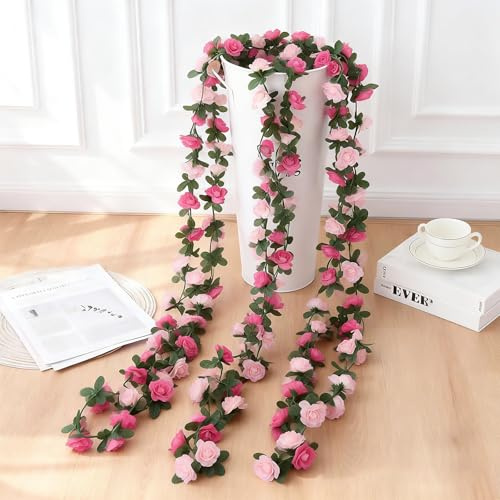 Katyjun 3X 2,5m künstliche Rosen-Girlande, 45 Blüten pro Girlande, doppeltes Rosa – Blumengirlande für Hochzeit, Frühling, Deko innen & außen, wasserfeste Kunstblumen, Flexible Aufhängung