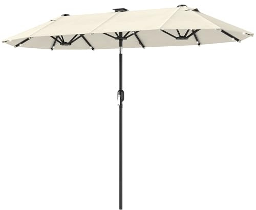Outsunny Ombrellone Doppio da Giardino 2.92x1.5 m Inclinabile con 35 Luci LED Solari Manovella, Ombrellone da Giardino a 12 Stecche in Acciaio e Poliestere, per Cortile, Terrazza e Balcone, Beige