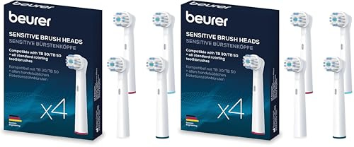 Beurer TB 30/50 Aufsteckbürsten für elektrische Zahnbürste, Oral-B kompatible Bürstenköpfe, Sensitive, 4 Stück, weiße Ersatzbürsten (Packung mit 2)