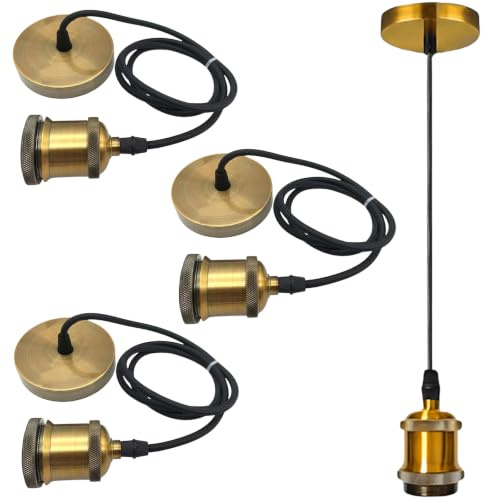 3 Stücke E27 Lampenaufhängung, Metall Lampenfassung Pendelleuchte mit Deckenhalterung mit Kabel Höhenverstellbar 100cm Textilkabel für Industriellen Stil, Küchen, Bars und Wohnzimmer (Vintage-Gold)