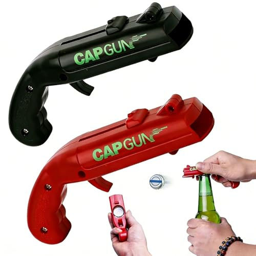 Flaschenöffner Pistole Cap Gun, Bieröffner für Party, Bar und Zuhause | Set mit 2 Stück: 1 schwarz, 1 rot. Lustiges schießbares Gadget, eignet sich als Geschenk für Geburtstag‑ und Weihnachtsfeiern