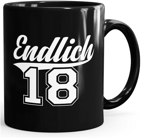 MoonWorks Kaffee-Tasse Geschenk-Tasse Geburtstag Endlich 18 College-Stil volljährig achtzehn Schwarz unisize