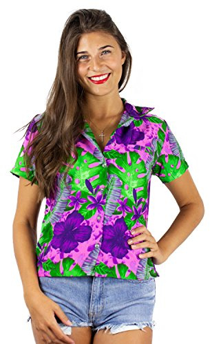 King Kameha Funky Hawaii-Bluse-Hemd, Damen, Kurzarm, Green-Leaves-Purple-Flower, Pink, L