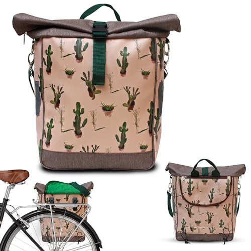 Ikuri Fahrradtasche für Gepäckträger Satteltasche Einzeltasche Packtasche, abnehmbar, mit Tragegurt zum Umhängen, aus Plane, Unisex, Wasserdicht - Modell Cactus