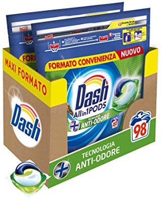 Dash Pods All in 1 Detersivo Lavatrice in Capsule, 98 Lavaggi (2 x 49), Tecnologia Antiodore, Maxi Formato