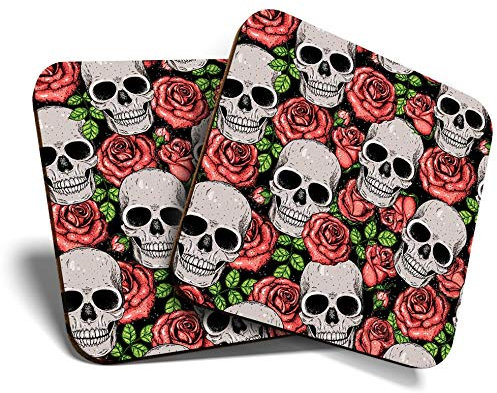 Lot de 2 sous-verres carrés de qualité supérieure - Motif tête de mort et roses rouges - Pour tout type de table - 46308