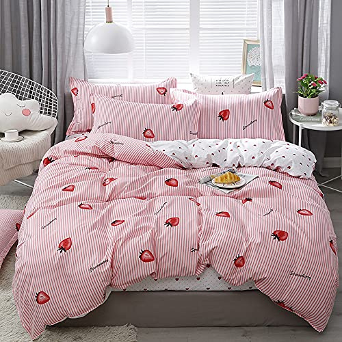 Strawberry Duvet Cover Set King Girls Cute Strawberry Heart Love Fruit Bedding Set For Kids Baby Girls Bedroom Decor Lovely Pink Stripe Comforter Cover Soft Reversible Kawaii Style Bedspread Cover