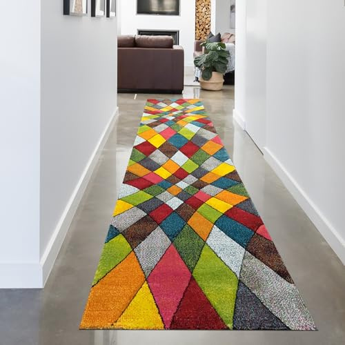 CARPETIA Teppich Wohnzimmer modernes buntes Rautenmuster Design orange gelb grün - pflegeleicht Größe 80 x 300 cm