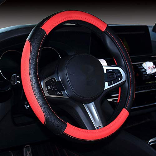 Riloer Auto-Lenkradbezug, PU-Leder, rot, weicher Auto-Lenkradbezug aus echtem Leder, geeignet für Lenkrad mit 38 cm Durchmesser