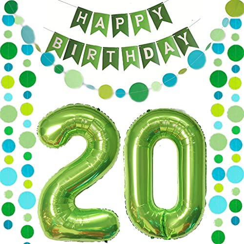 Luftballons Zahl 20 Grün + Happy Birthday Girlande + banner Folienballon 20.Geburtstags deko frau mann ballons 20 Jahre Geburtstag deko frauen Zahlenballon 20 Geburtstag dekoration Männer frau(20)