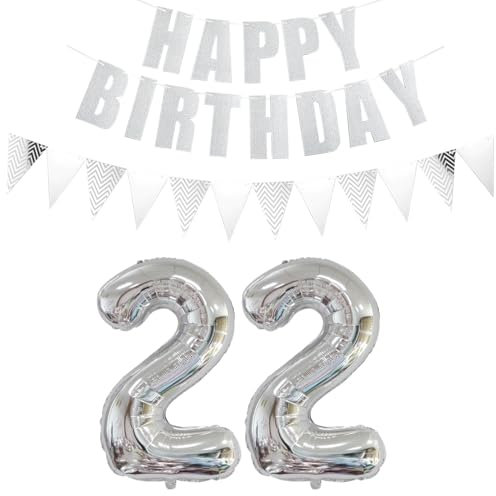Luftballons Zahl 22 Silber + Happy Birthday Girlande + banner Folienballon 22.Geburtstags deko frau mann ballons 22 Jahre Geburtstag deko frauen Zahlenballon 22 Geburtstag dekoration Männer frau(22)