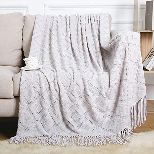 LumiSyne Gestrickte Decke Mit Quaste Einfarbig Jacquard Diamanten Muster Kuscheldecke Strickdecke Tagesdecke Überwurf Couchdecke Dekorative Decke Für Sofa Bett 170x130cm