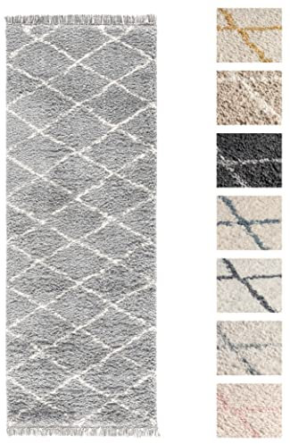 Wohnzimmer Shaggy Teppich 80 x 200 Silber Diamantmuster, Super Soft Moderner Hochflor Teppich