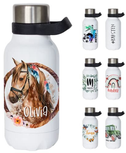 GRAZDesign Pferde Thermosflasche mit Henkel - Trinkflasche personalisiert mit Namen, auslaufsicher zur Einschulung, Wasserflasche BPA-frei, Edelstahl, Kohlensäure geeignet 380ml