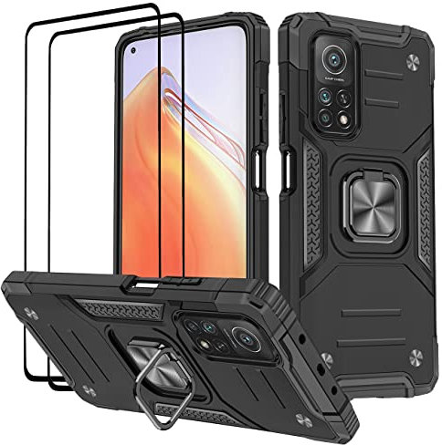 KANSi Hülle für Xiaomi Mi 10T PRO/Mi 10T, Schutzfolie [2 Stück] Silikon TPU Hart PC Handy Hüllen 360 Grad Drehbar Ringhalter Bumper Stoßdämpfung Schutzhülle - Schwarz